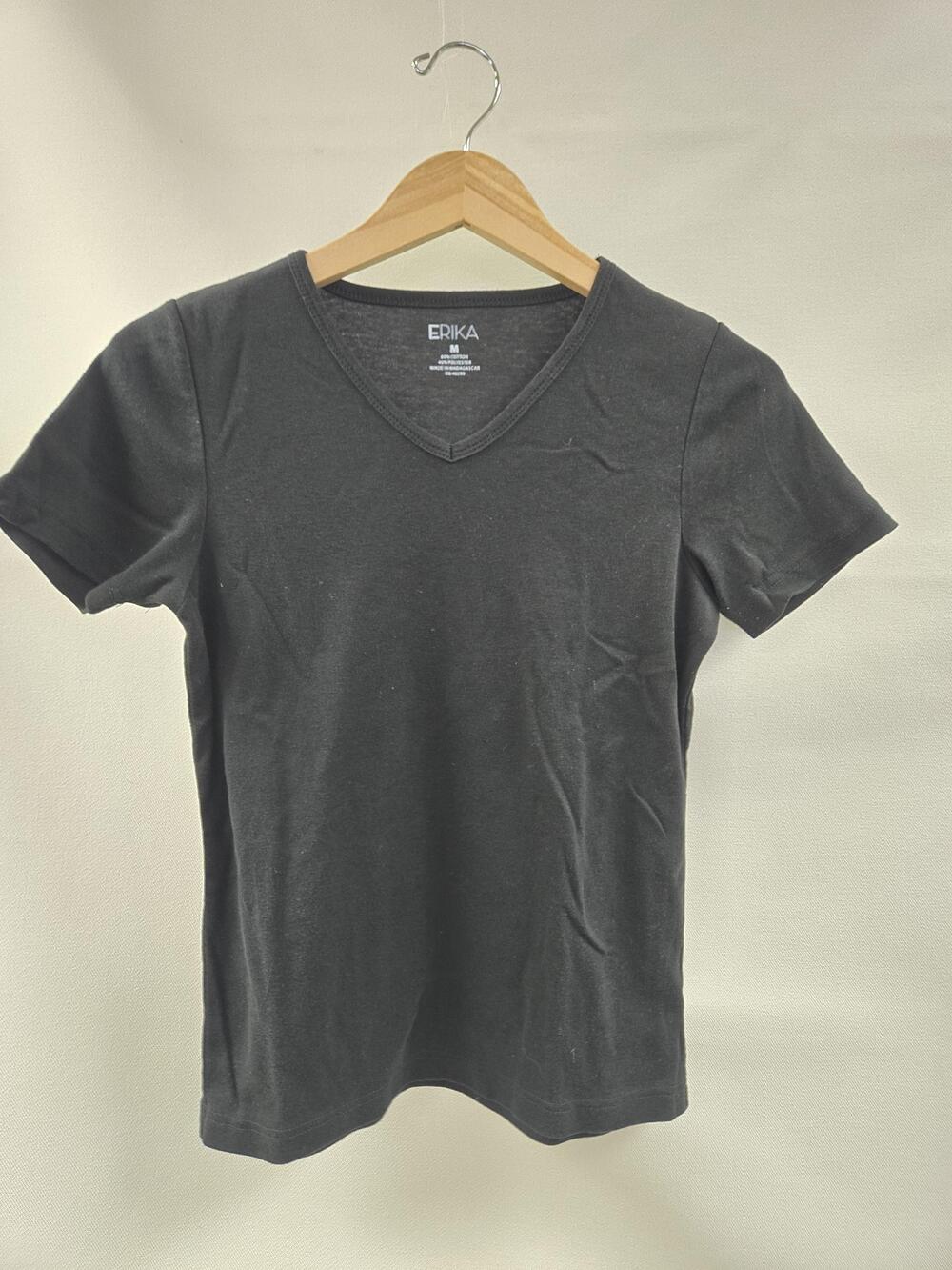 Erika Shirt Womens Medium Black V Neck Short Sleeve Cotton Blend Tee Basic